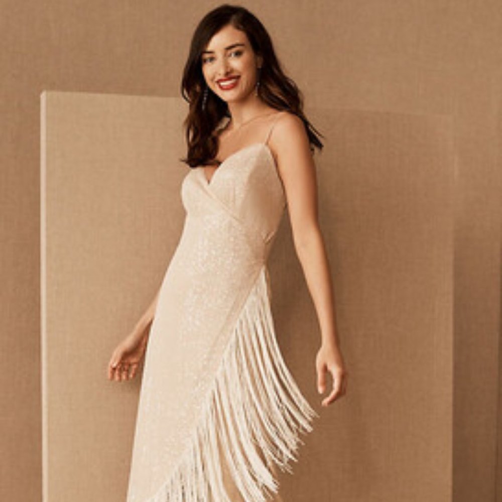 BHLDN Azulu Tierra Sequin Fringe V-neck Midi Sleeveless Dress